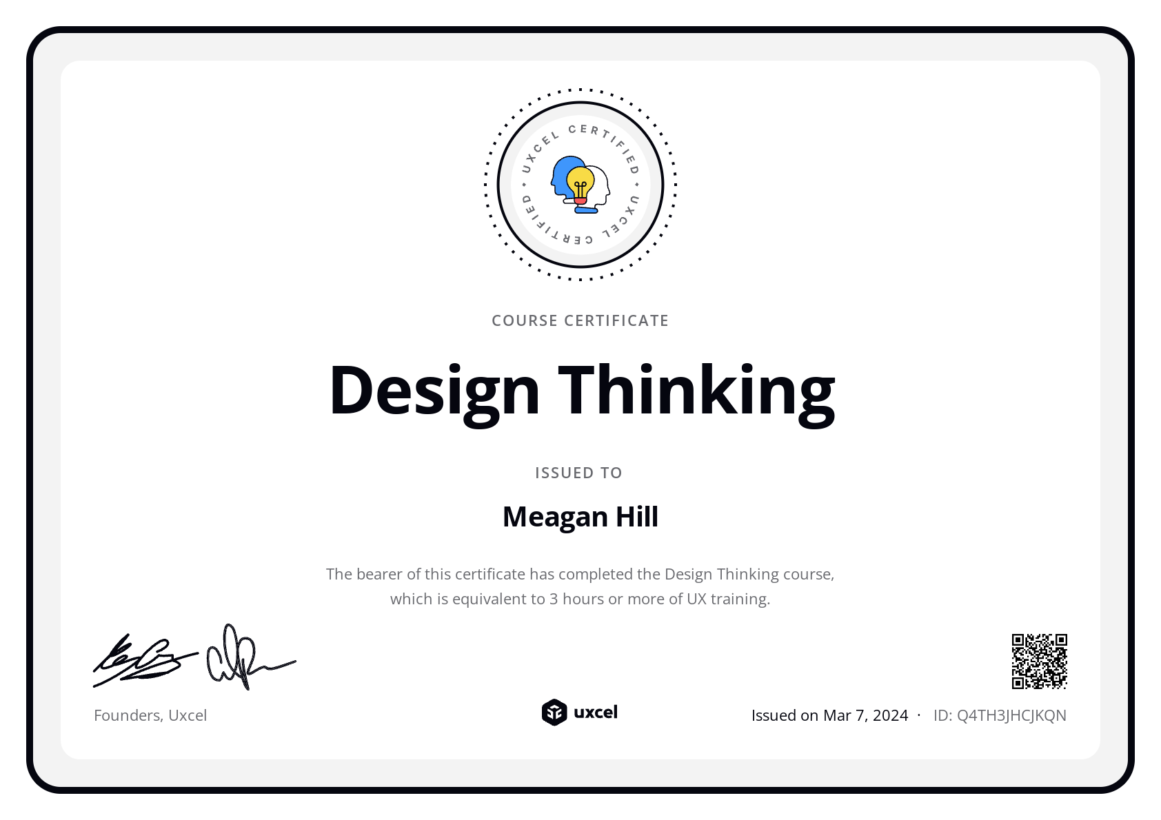Meagan Hill's certificate